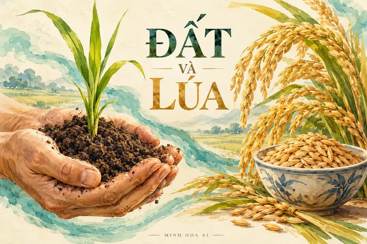 Minh họa AI đất và lúa, giải thích ý nghĩa tên đền Xã Tắc; không phải cảnh thực tế