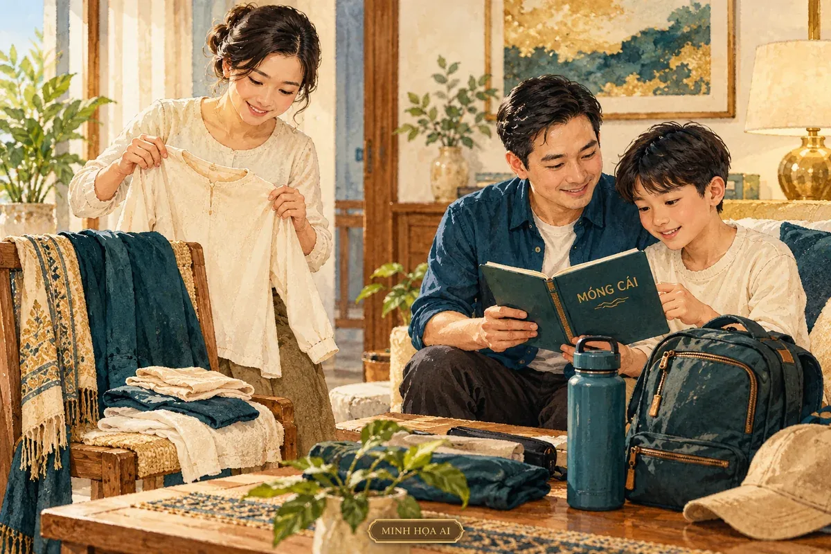 Minh họa AI gia đình chuẩn bị trang phục và đọc về Móng Cái ở nhà