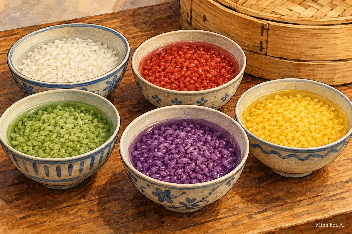 Minh họa AI các phần gạo màu được để riêng trước khi đồ xôi