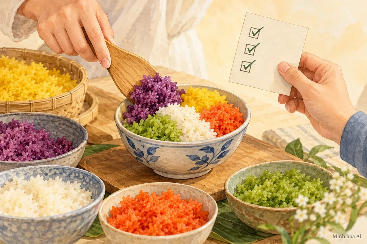 Minh họa AI bàn tay tạo hình xôi và thẻ ghi những điều cần xác nhận
