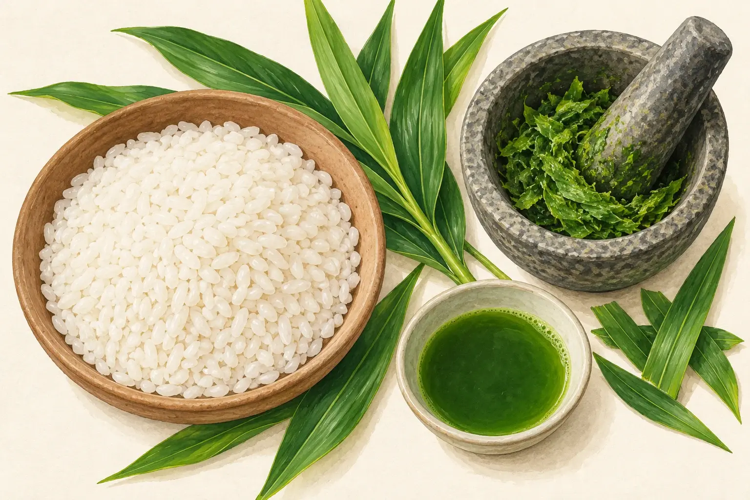 Minh họa AI gạo nếp, lá gừng giã và nước lá, không mô tả một bếp cụ thể