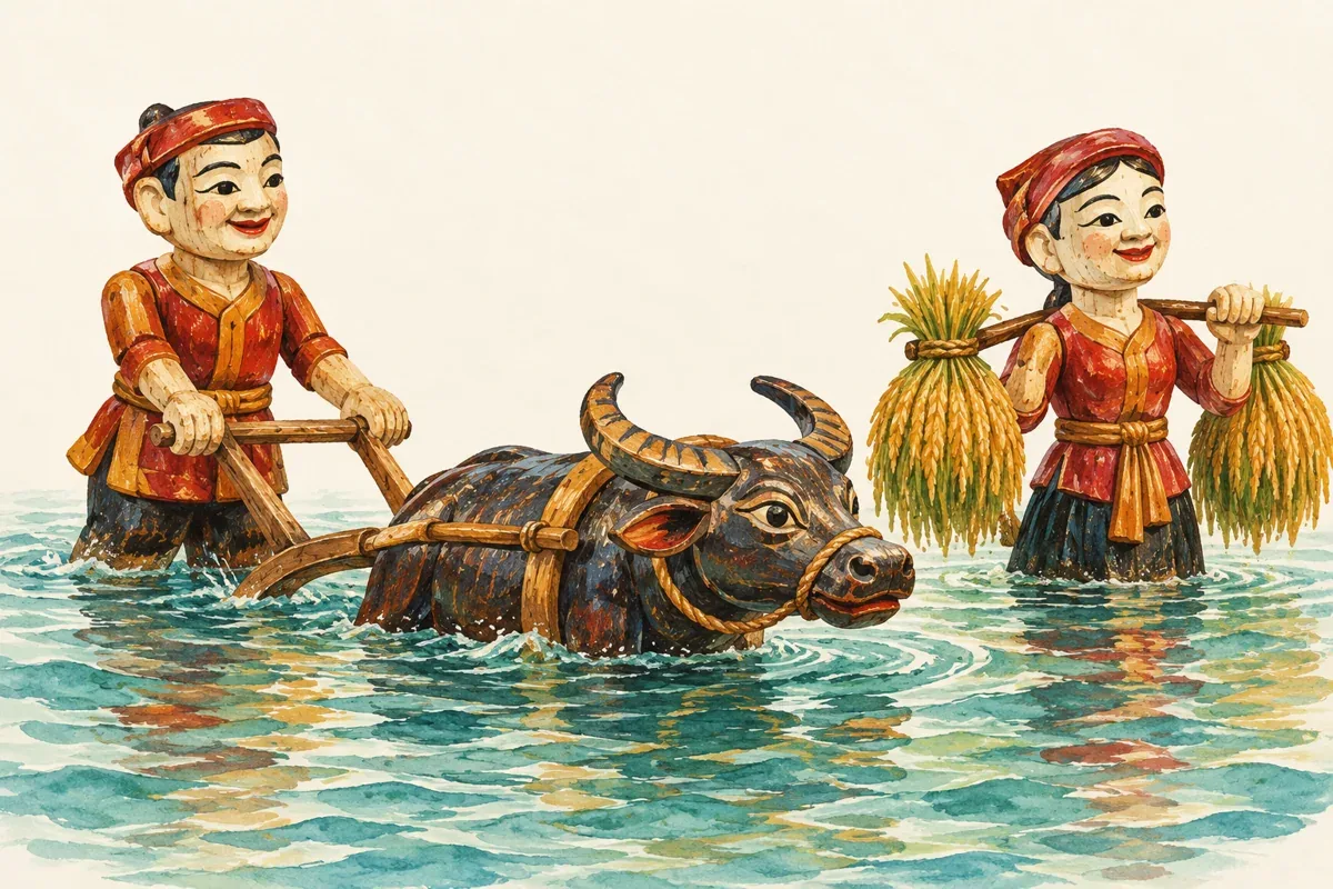 Minh họa AI nhân vật làng quê trong nghệ thuật rối nước, không phải tiết mục thực tế ở Yên Đức