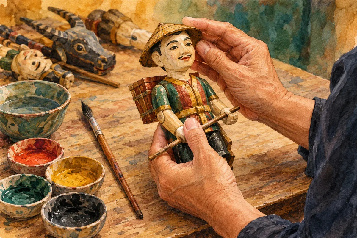 Minh họa AI bàn tay chăm chút con rối gỗ; không mô tả cơ sở hay nghệ nhân cụ thể