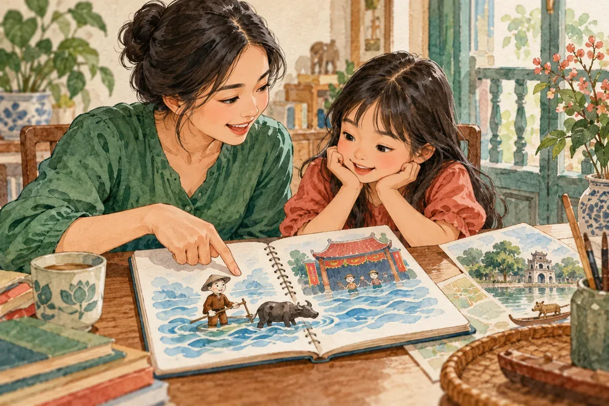 Minh họa AI mẹ và con tìm hiểu rối nước qua sách trước chuyến đi