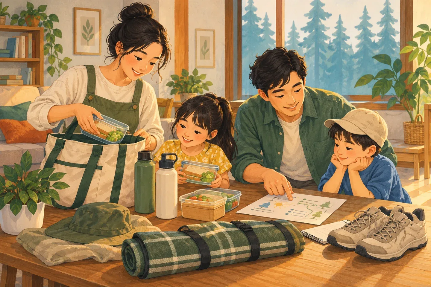 Minh họa AI gia đình chuẩn bị đồ picnic, không phải ảnh thực địa hồ Yên Trung