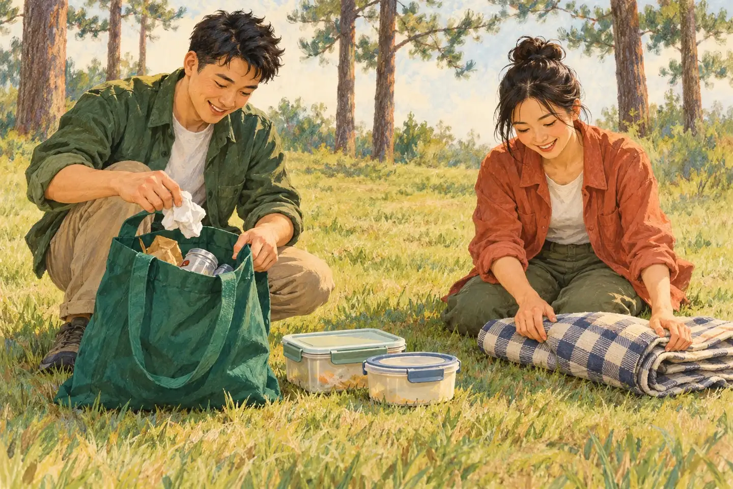 Minh họa AI thu dọn rác và gấp thảm sau buổi picnic