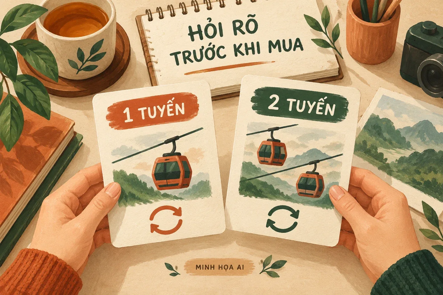 Minh họa AI so sánh lựa chọn vé cáp treo một tuyến và hai tuyến