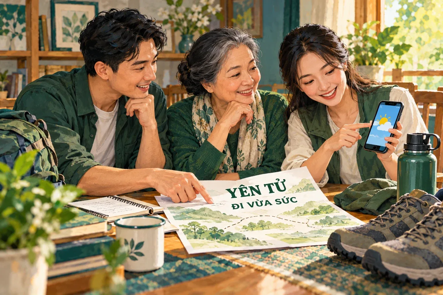 Minh họa AI gia đình bàn lịch trình Yên Tử vừa sức và kiểm tra thời tiết
